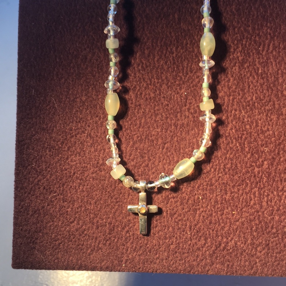 Small silver cross and beaded necklace, SS clasp
